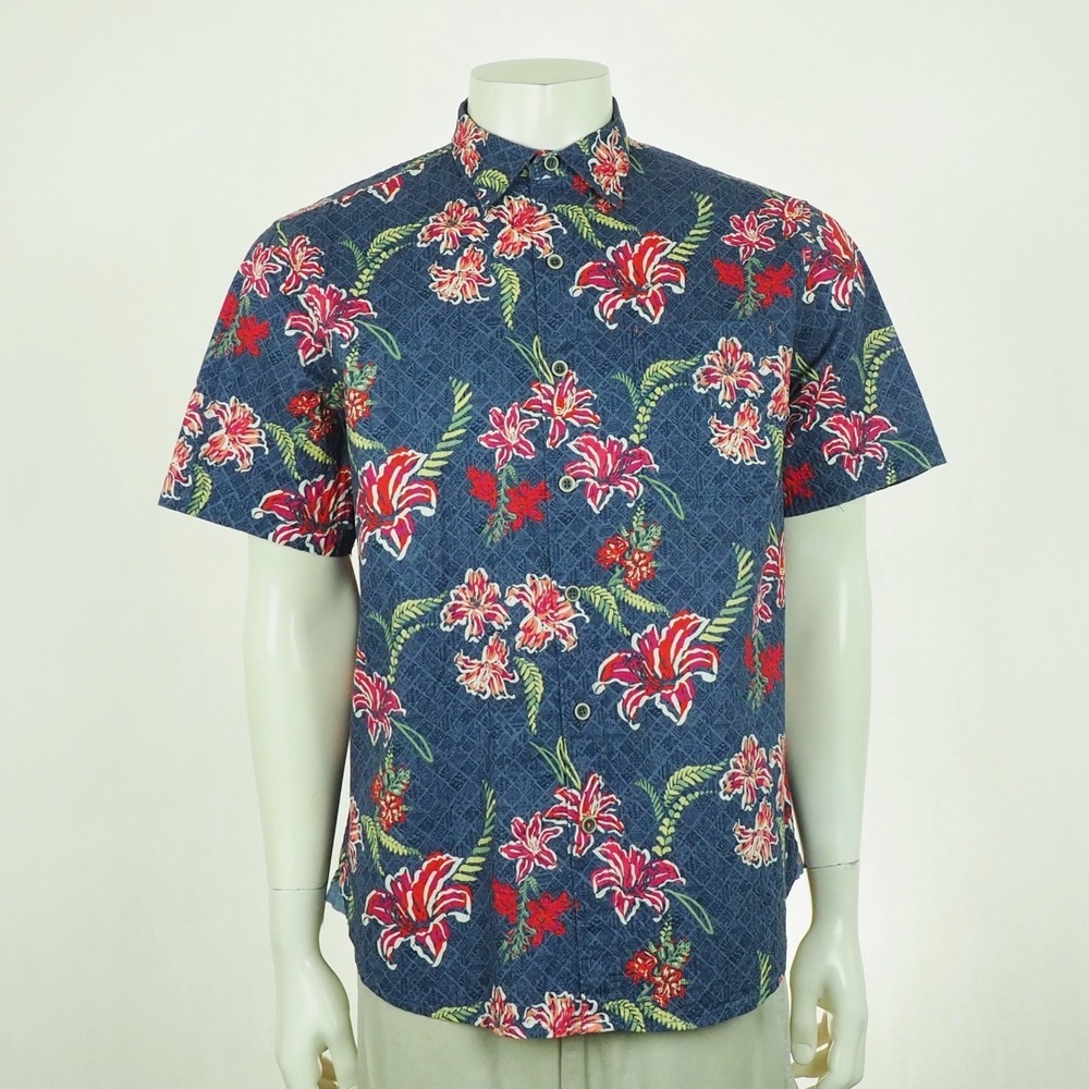 Tommy Bahama Tahitian Etch Camp Hawaiian Shirt Mens Medium Blue Floral Aloha